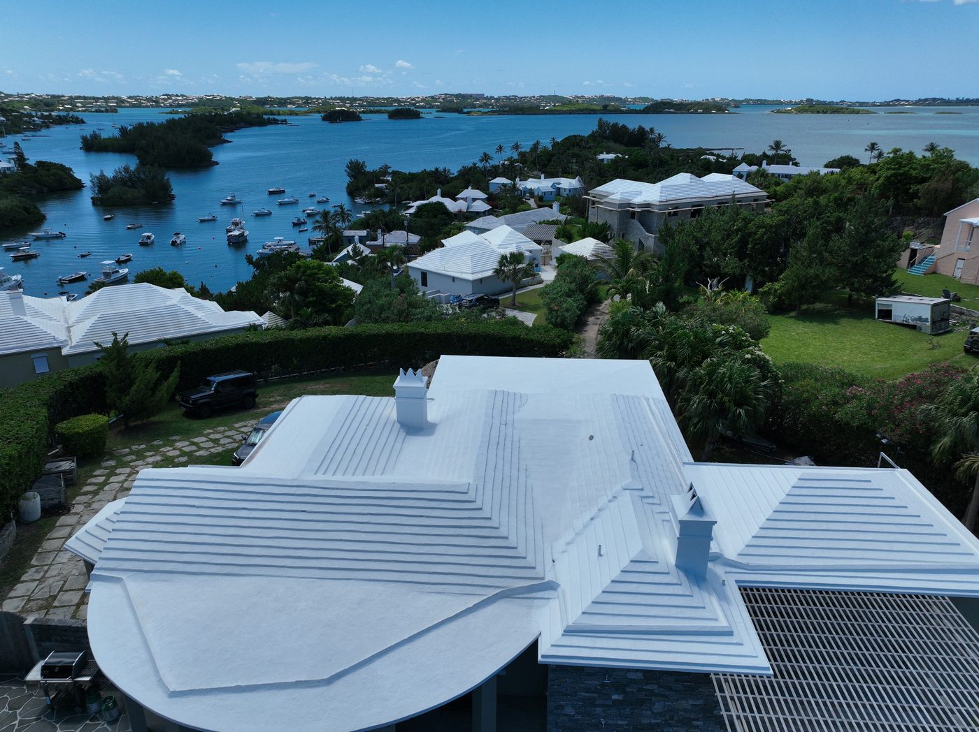 A restored white roof on a Bermuda home